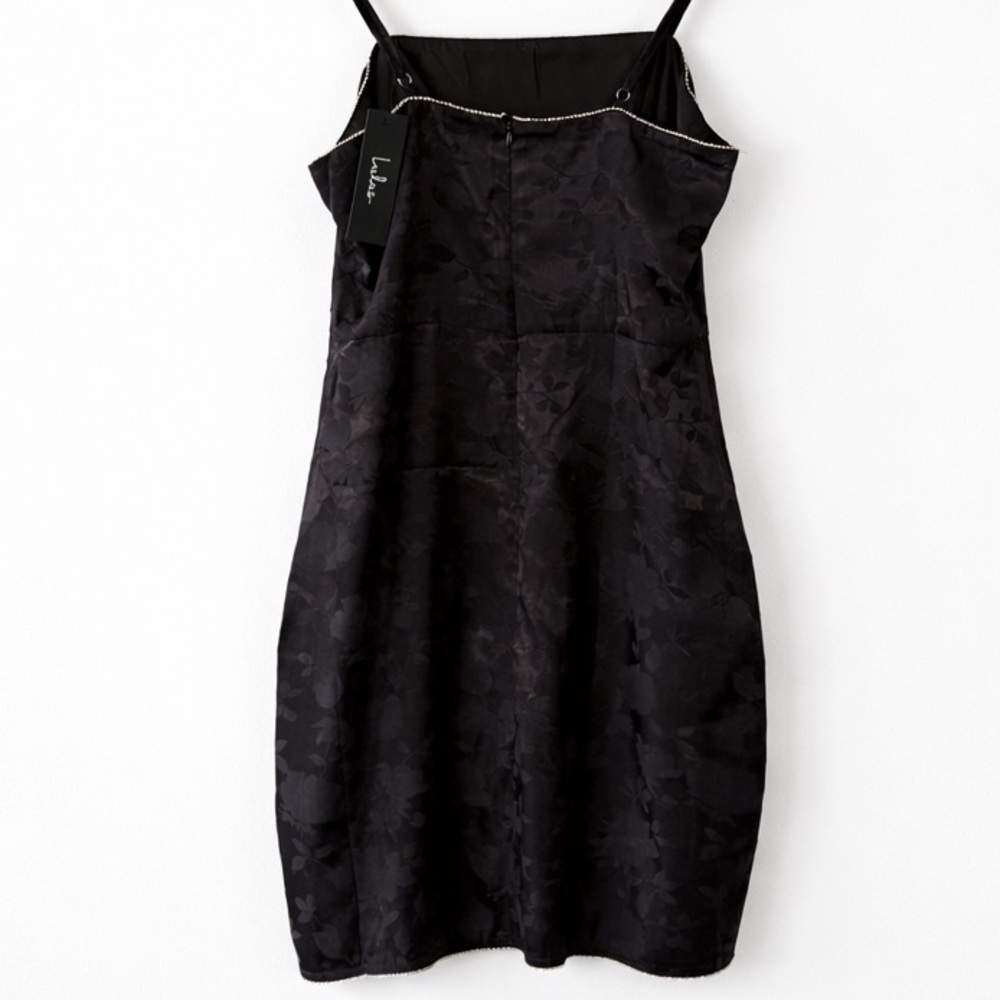 NWT Lulus Sleek Elegance Black Satin Floral Jacquard Rhinestone Mini Dress M - Picture 4 of 8